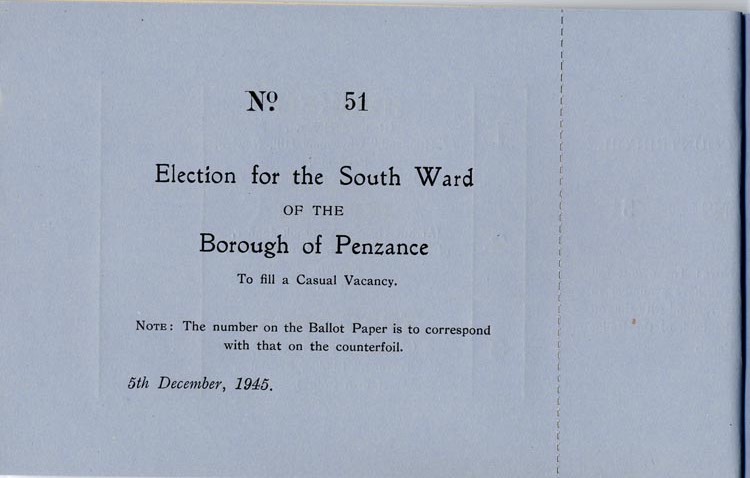6 ballot papers and counterfoils for the south ward Penzance.