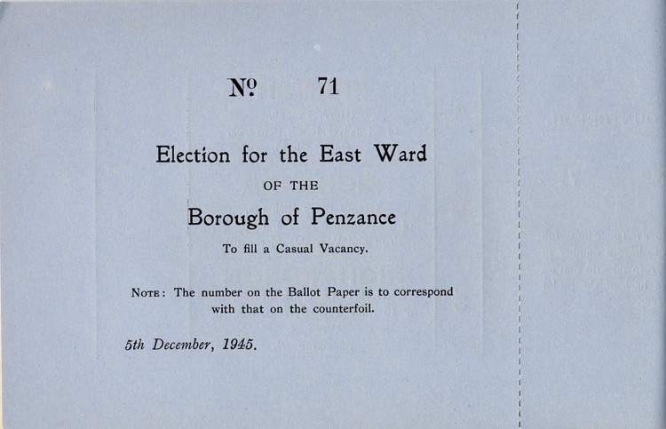 ballot papers and counterfoils for the east ward of the Borough of Penzance
