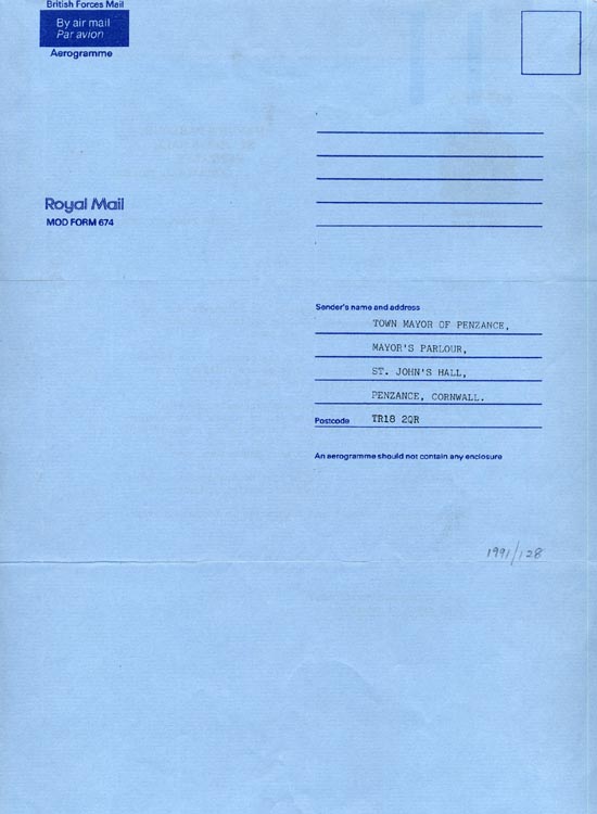 airmail letter to the servicemen in the Gulf War from the Mayor of Penzance Cllr B J Speigelhalter