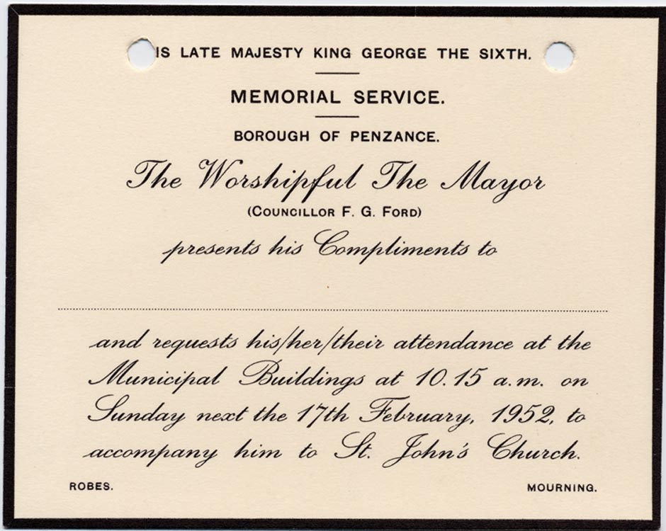 Borough of Penzance official card requesting for attendance at memorial service for King George 6
