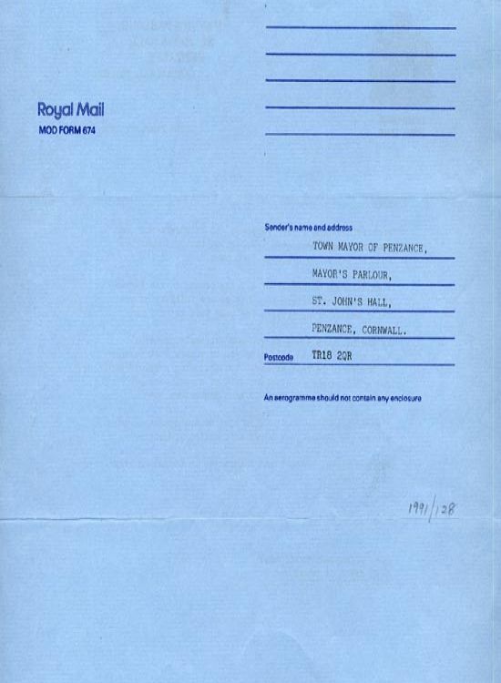 airmail letter to the servicemen in the Gulf War from the Mayor of Penzance Cllr B J Speigelhalter