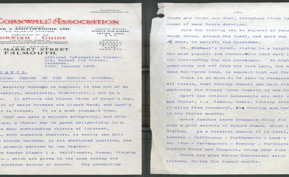 Two page publicity letter from Come to Cornwall Association